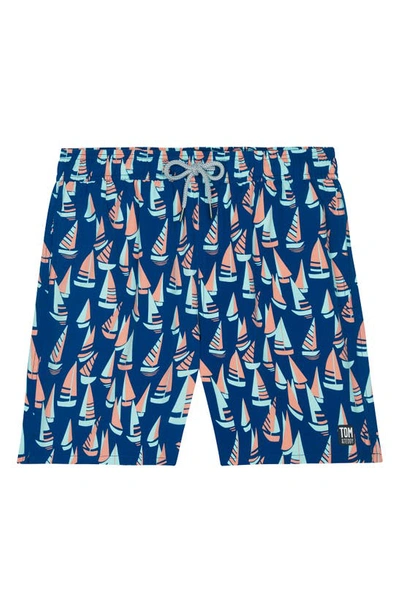 Shop Tom & Teddy Boat Print Swim Trunks In Marine Blue/coral