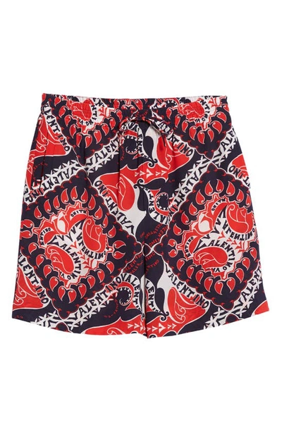 Shop Valentino Bandana Print Silk Bermuda Shorts In St. Bandana Bianco/ Blu/ Rosso