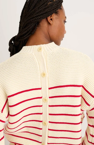Shop Alex Mill Stripe Button Back Cotton Crewneck Sweater In Ivory/ Red