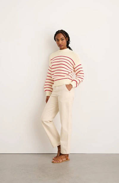 Shop Alex Mill Stripe Button Back Cotton Crewneck Sweater In Ivory/ Red