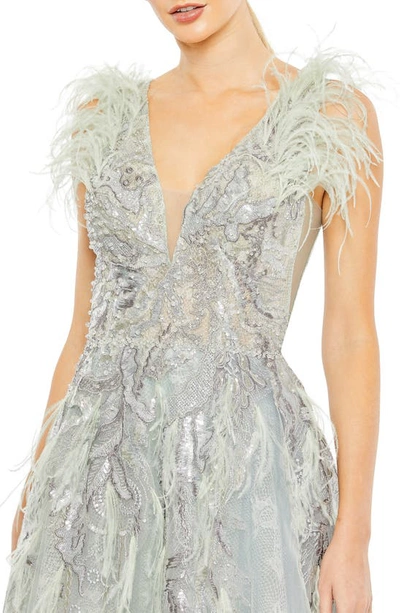 Shop Mac Duggal Feather V-neck Lace A-line Gown In Seamist