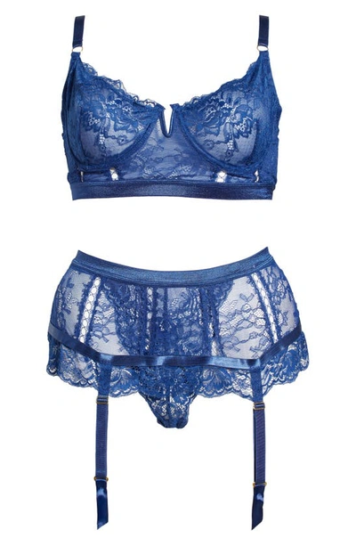 Shop Oh La La Cheri Lace Underwire Bra, Thong & Garter Belt Set In Estate Blue