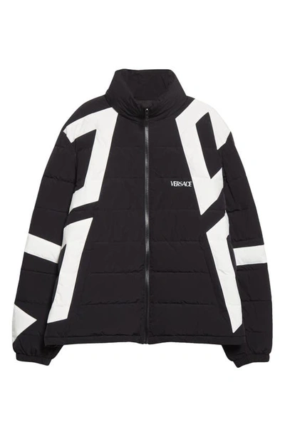 Shop Versace Grecca Print Quilted Down Jacket In Black/ White