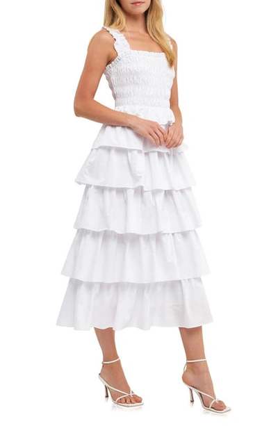 English Factory Shirred Ruffle Tiered Cotton Sundress In White