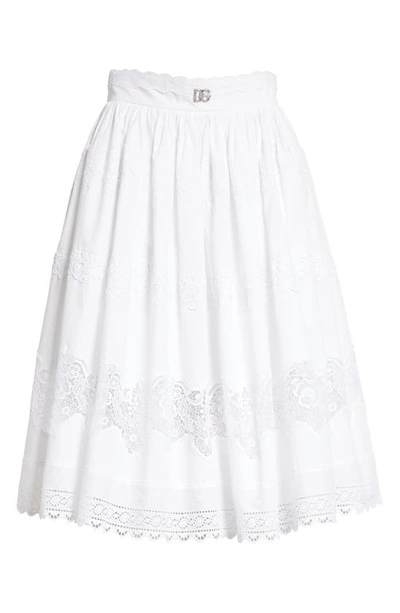 Shop Dolce & Gabbana Embroidered Cotton Blend Midi Skirt In W0111 Bianco