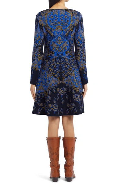 Etro Floral Jacquard Long Sleeve A-line Jersey Dress In Navy Blue | ModeSens