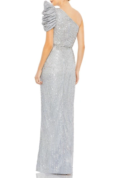 Shop Mac Duggal Sequin One-shoulder Tulle Column Gown In Silver