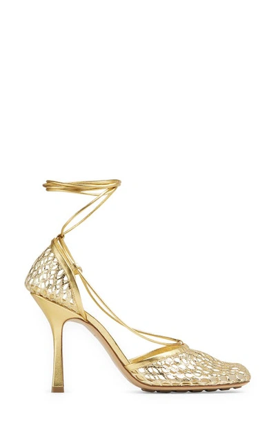 Shop Bottega Veneta Stretch Ankle Wrap Square Toe Sandal In Gold