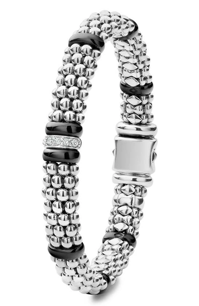 Lagos Sterling Silver Black Caviar Rope Bracelet With Diamonds & Black Ceramic In Black