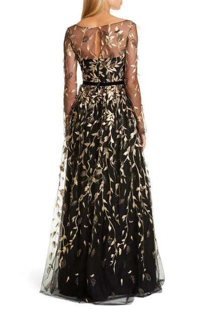 Shop Marchesa Notte Leaf Embroidered Long Sleeve Tulle Gown In Black/ Gold