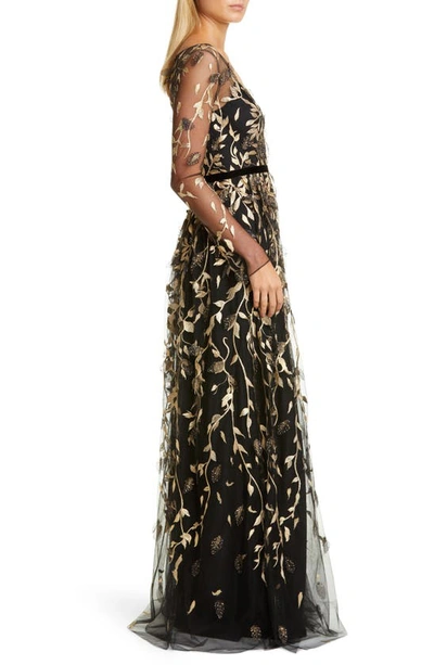 Shop Marchesa Notte Leaf Embroidered Long Sleeve Tulle Gown In Black/ Gold