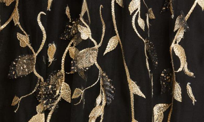 Shop Marchesa Notte Leaf Embroidered Long Sleeve Tulle Gown In Black/ Gold