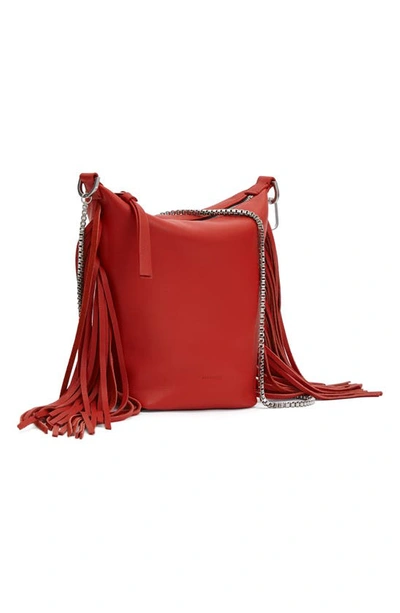 Shop Allsaints Evaline Fringe Leather Crossbody Bag In Gala Red