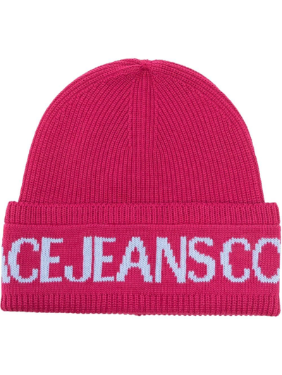 Shop Versace Jeans Couture Logo-print Knit Beanie In Pink