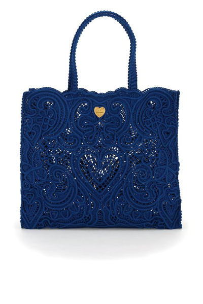 Shop Dolce & Gabbana Logo Plaque Lace Large Tote Bag In Blue