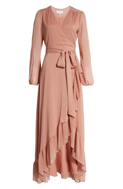 Shop Wayf Meryl Long Sleeve Wrap High/low Gown In Putty