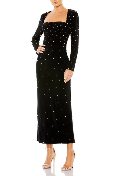 Shop Mac Duggal Beaded Square Neck Long Sleeve Cutout Dress In Black