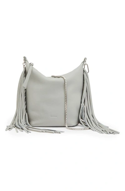 Shop Allsaints Evaline Fringe Leather Crossbody Bag In Sequoia Grey