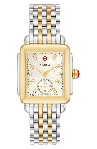 Shop Michele Deco Mid Diamond Dial Bracelet Watch, 29mm In Gold/ Mop