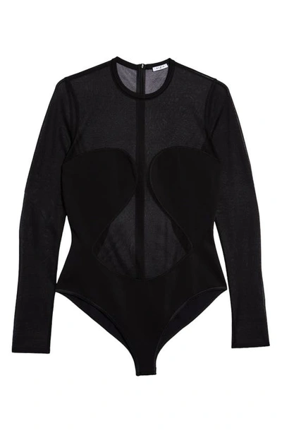 Shop Alaïa Long Sleeve Sheer Crepe Bodysuit In Noir Alaia