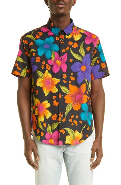 Shop Saint Laurent Floral Short Sleeve Cotton Button-up Shirt In Multi