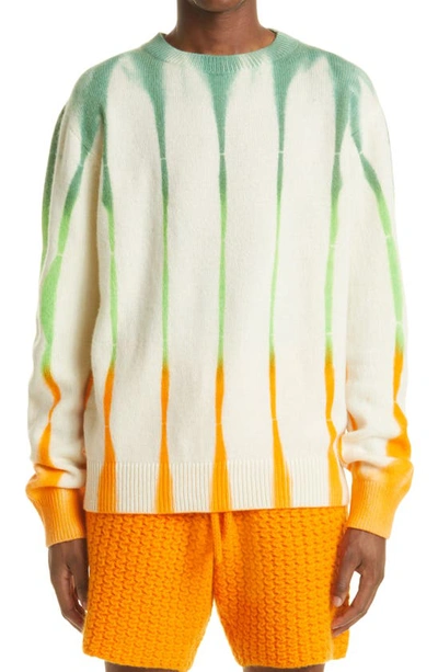 Shop The Elder Statesman Beetle Tie Dye Stripe Cashmere Crewneck Sweater In Ivory/ Matcha