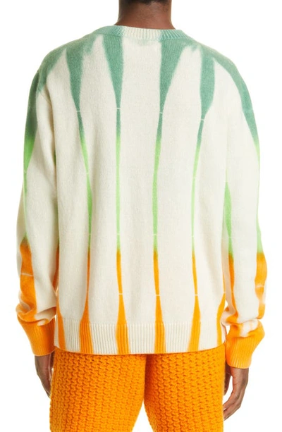 Shop The Elder Statesman Beetle Tie Dye Stripe Cashmere Crewneck Sweater In Ivory/ Matcha