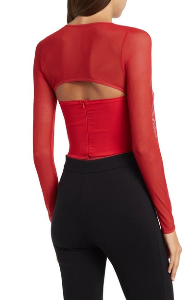 Shop Secret Lace Vegan Leather Mesh Lace-up Bodysuit In Red