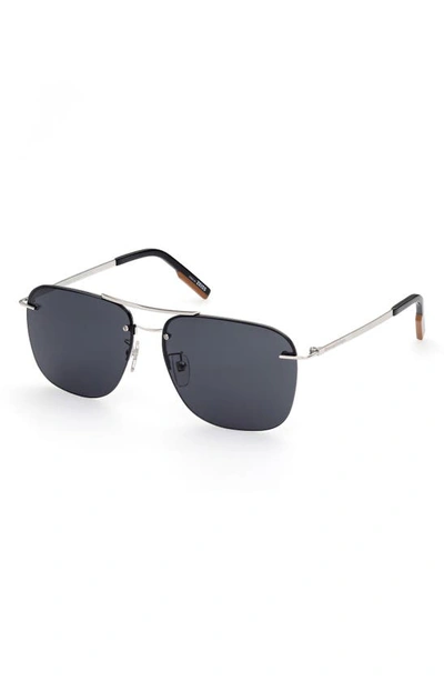 Shop Zegna 60mm Aviator Sunglasses In Shiny Palladium / Smoke