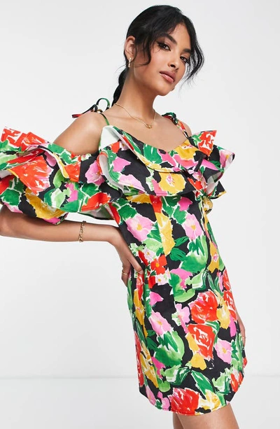 Topshop Cotton Blend Bold Floral Ruffle Bardot Mini Dress In Multi |  ModeSens
