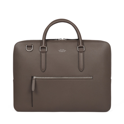 Shop Smythson Slim Briefcase With Zip Front In Ludlow In Dark Taupe