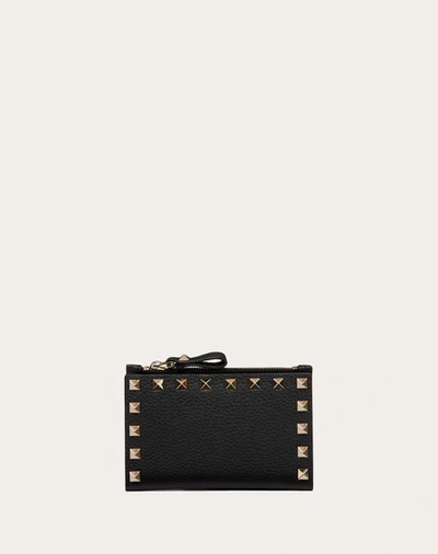 Valentino Garavani Rockstud Grainy Calfskin Cardholder With Zip Woman Black Uni In Black