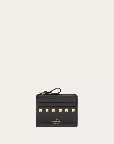 Shop Valentino Garavani Rockstud Calfskin Cardholder With Zip Woman Black Uni