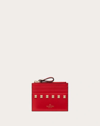 Shop Valentino Garavani Rockstud Calfskin Cardholder With Zip Woman Rouge Pur Uni