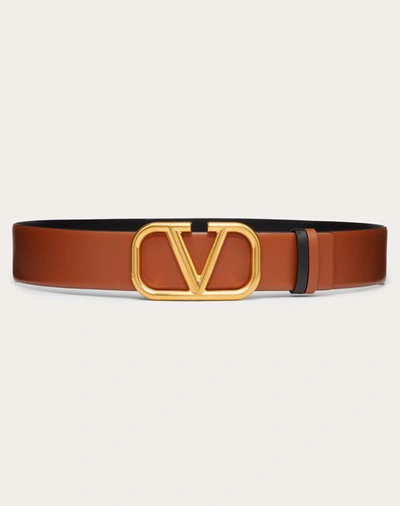 Shop Valentino Garavani Reversible Vlogo Signature Belt In Glossy Calfskin 40 Mm Woman Saddle Brown/black