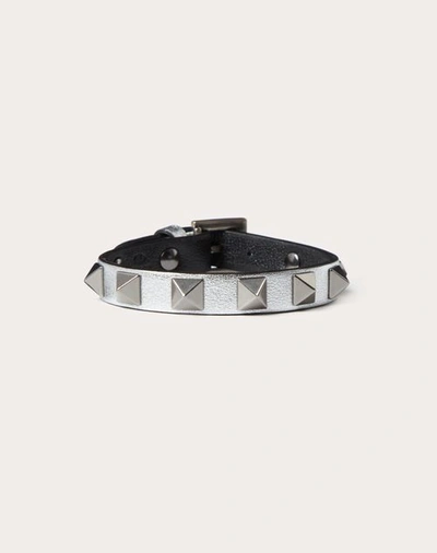 Valentino Garavani Leather Rockstud Bracelet With Antique Silver-finish  Studs In Silver/black | ModeSens