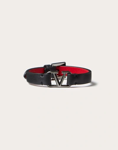 Shop Valentino Garavani Vlogo Signature Leather Bracelet In Black/pure Red