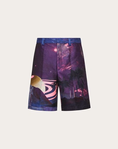 Shop Valentino Nylon Bermuda Shorts With Water Nights Print In Purple/multicolour