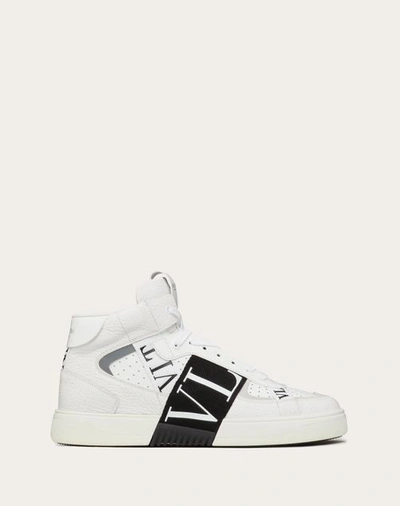 Shop Valentino Garavani Mid-top Calfskin Vl7n Sneaker With Bands In White/ Black