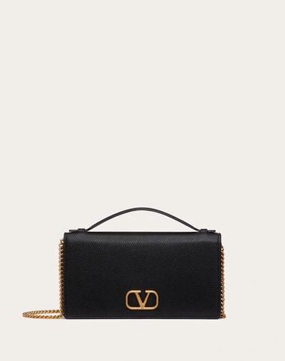 Valentino Black Leather Wallet With Shoulder Strap In Black
