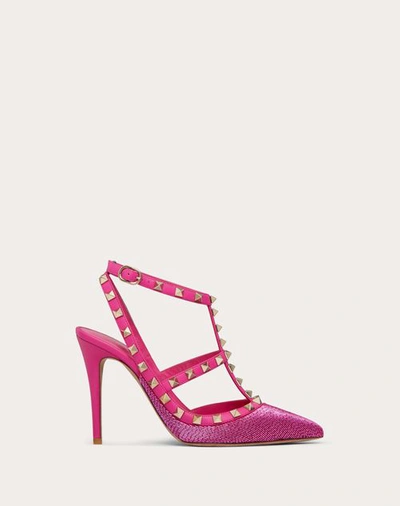 Shop Valentino Garavani Satin Rockstud Pump With All-over Tubes Embroidery And Straps 100 Mm Woman Pink 3