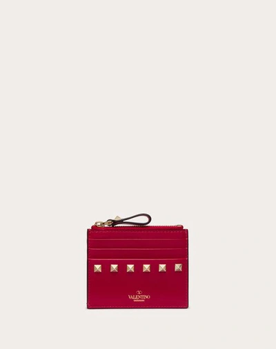 Shop Valentino Garavani Rockstud Calfskin Cardholder With Zip Woman Blossom Uni