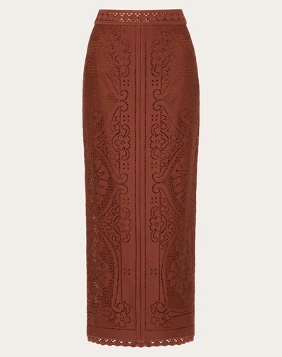 Shop Valentino Cotton Lace Midi Skirt Woman Brown 40