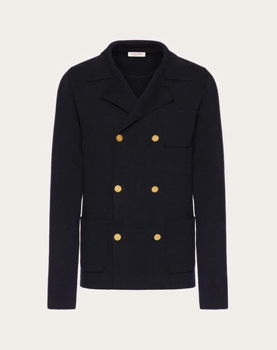Shop Valentino Double-breasted Cotton Knit Jacket In Navy