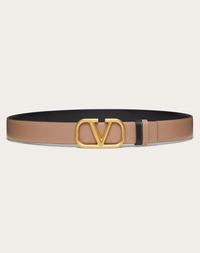 Shop Valentino Garavani Reversible Vlogo Signature Belt In Glossy Calfskin 30 Mm Woman Smokey Brown/black