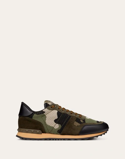 Shop Valentino Garavani Mesh Fabric Camouflage Rockrunner Sneaker In Military Green/beige