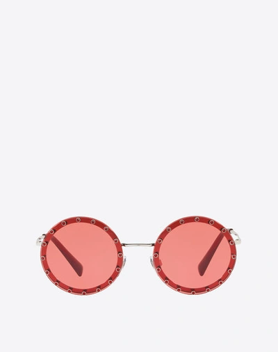 Shop Valentino Crystal Studded Round Frame Metal Sunglasses Woman Red 52