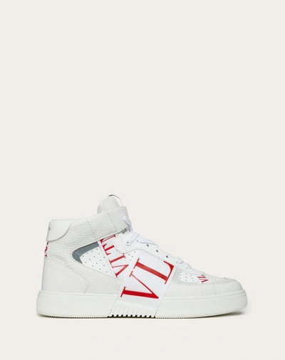 Shop Valentino Garavani Mid-top Calfskin Vl7n Sneaker With Bands In White/pure Red
