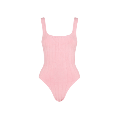 Shop Hunza G Squareneck Nile Swimsuit Swimwear In Pink &amp; Purple