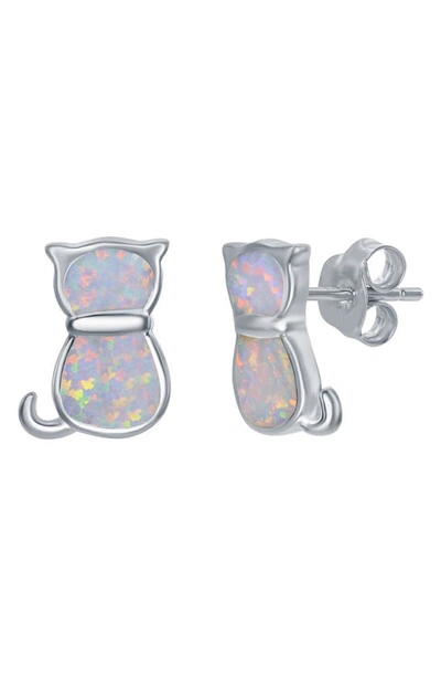 Simona Sterling Silver White Inlay Opal Cat Necklace & Earrings Set In White